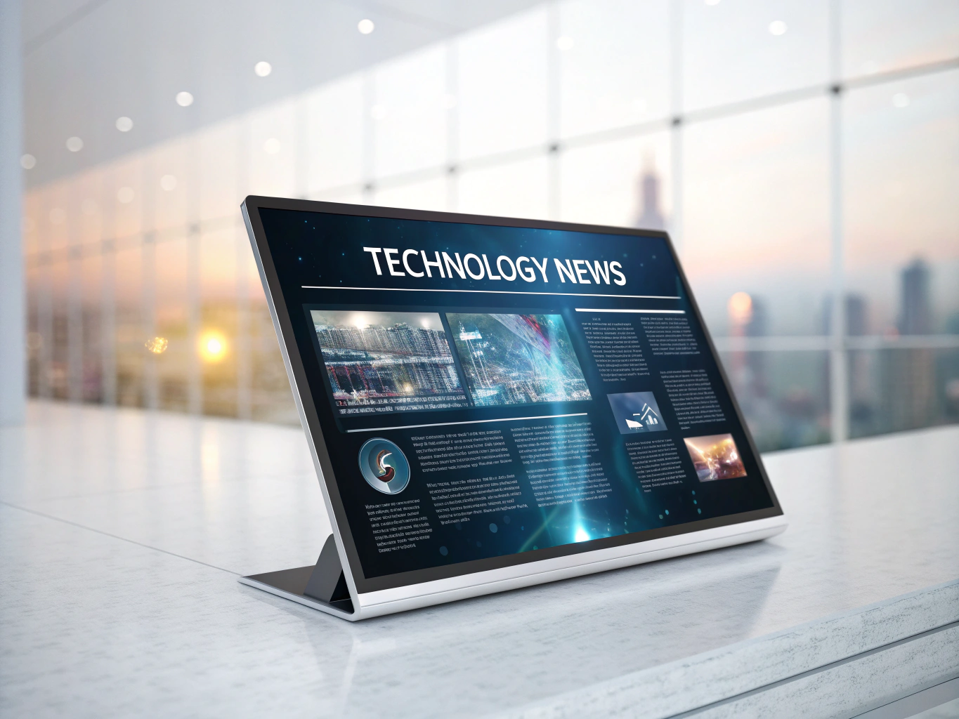 Global technology news feed interface on a digital screen